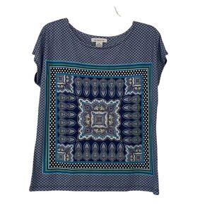 Liz Claiborne Boxy Dolman Cap Sleeve Knit Top Blue Paisley Print Size M